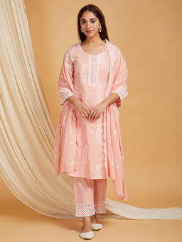 JS Label  - JS LABEL Peach Embroidered Cotton Kurta with Pant and Dupatta (Set of 3)