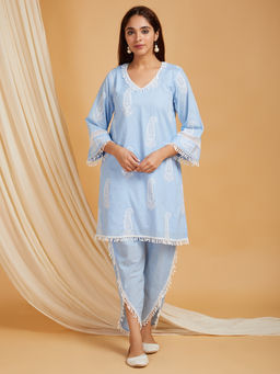 JS Label  - JS LABEL Powder Blue Embroidered Cotton Kurta With Dhoti Pant (Set of 2)