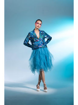 Gazab By Miku Kumar - Blue Poetic Pantheon Paris Skirt with Short Blazer (Set of 2)