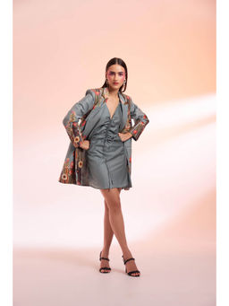 Gazab By Miku Kumar - Grey Les Succulents Paris Mini Dress with Blazer (Set of 2)