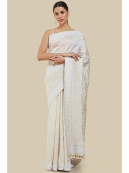 Soch - Women Off White Silk Embroidered Saree with Unstitched Blouse