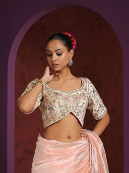 WeaverStory - Hand Embroidered Beige Velvet Blouse with Resham and Zari Work