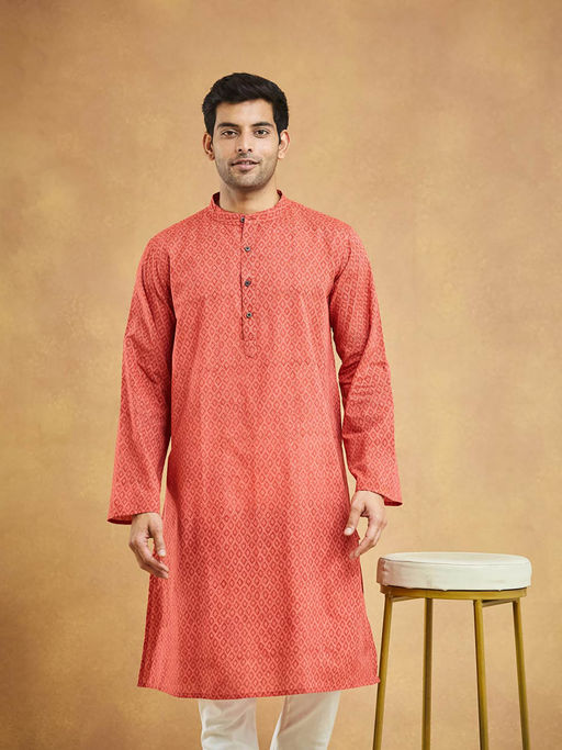 Fabindia Red Cotton Printed Long Kurta
