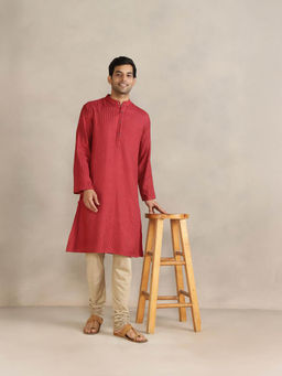 Fabindia - Red Viscose Blend Dobby Long Kurta