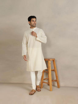 Fabindia - White Cotton Blend Striped Long Kurta