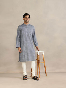 Fabindia - Grey Cotton Striped Long Kurta