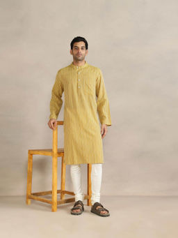 Fabindia - Yellow Cotton Striped Long Kurta