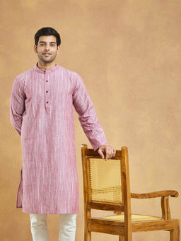 Fabindia - Pink Cotton Striped Long Kurta