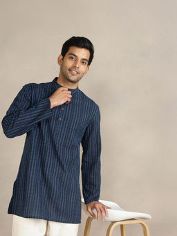 Fabindia - Navy Blue Cotton Dobby Short Kurta