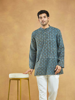Fabindia - Navy Blue Cotton Dabu Printed Short Kurta