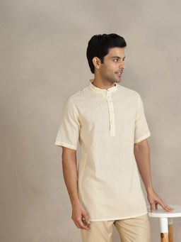 Fabindia - White Cotton Blend Dobby Short Kurta