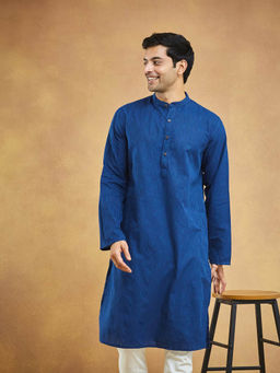 Fabindia - Blue Cotton Dobby Slim Fit Long Kurta