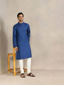 Fabindia - Blue Viscose Silk Slim Fit Long Kurta