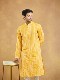 Fabindia - Yellow Cotton Dobby Slim Fit Long Kurta