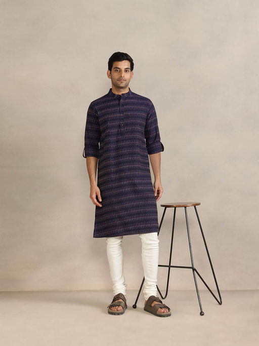 Fabindia Navy Blue Cotton Ikat Slim Fit Long Kurta