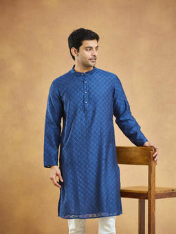 Fabindia - Blue Cotton Silk Blend Cutwork Slim Fit Long Kurta