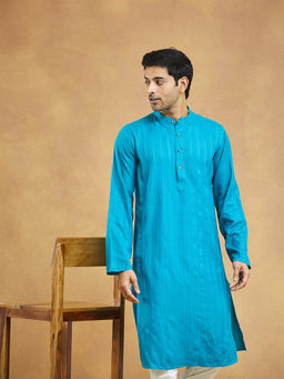 Fabindia - Blue Viscose Blend Dobby Slim Fit Long Kurta
