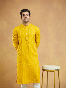 Fabindia - Yellow Viscose Blend Dobby Slim Fit Long Kurta