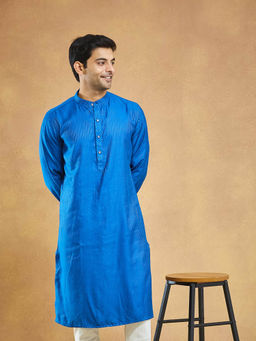 Fabindia - Blue Viscose Blend Dobby Slim Fit Long Kurta