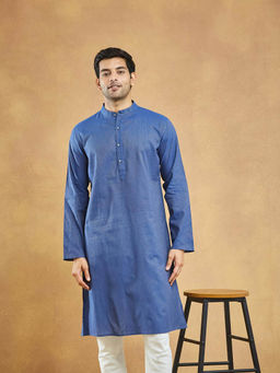 Fabindia - Blue Cotton Blend Textured Slim Fit Long Kurta