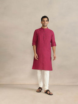 Fabindia - Pink Cotton Dobby Slim Fit Long Kurta