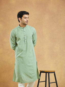 Fabindia - Green Cotton Dobby Slim Fit Long Kurta
