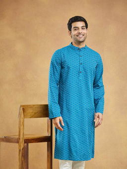 Fabindia - Blue Cotton Dobby Slim Fit Long Kurta