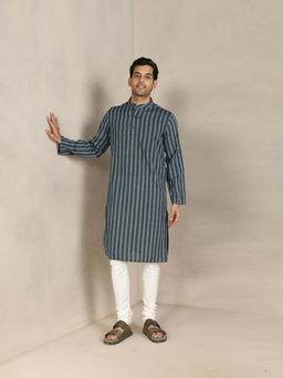 Fabindia - Blue Cotton Striped Slim Fit Long Kurta
