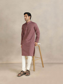 Fabindia - Maroon Cotton Striped Slim Fit Long Kurta