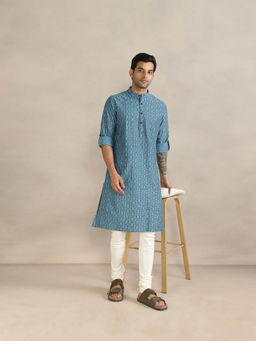 Fabindia - Blue Cotton Geometric Slim Fit Long Kurta