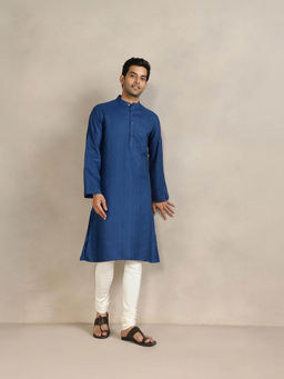 Fabindia - Blue Viscose Blend Dobby Slim Fit Long Kurta