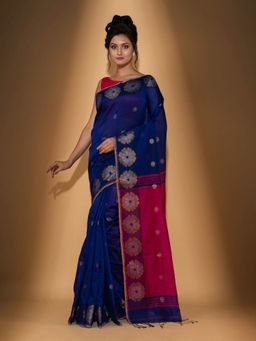 Beatitude - Blue Blended Cotton Woven Saree with Unstitched Blouse