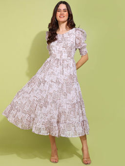 Dodo & Moa - Women Beige Printed Casual Midi Dress