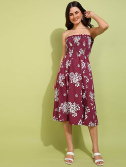 Dodo & Moa - Women Maroon Floral Print Midi Dress