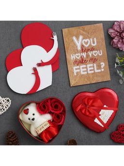 eCraftIndia - Combo Of Greeting Card, Red Heart Shaped Gift Box Set, Heart Hugging Each Other Gift Set