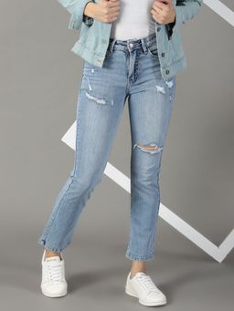 SHOWOFFFF - Women's Stretchable Mildly Distressed Blue Relaxed Fit Jeans