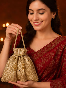 MasQ - Womens Mirror Work Ivory Potli Bag (S)