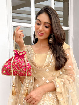 MasQ - Womens Mirror Work Pink Potli Bag (S)