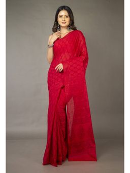 Unnati Silks - Red Pure Block Printed Superfine Mulmul Cotton Saree with Unstitched Blouse