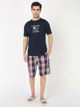 R&B - Navy Blue Men Checks Half Sleeves Night Suit