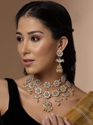 18k Gold Plated Traditional Kundan & Pearl Studded Necklace Jewellery Set For Women