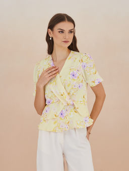 Latin Quarters - Women's Yellow Puff Sleeves V-Neck Printed Peplum Top
