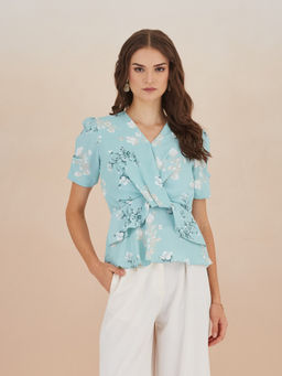 Latin Quarters - Women's Blue Short Sleeves V-Neck Printed Peplum Top