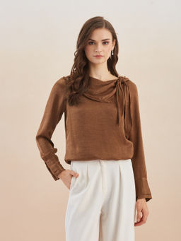 Latin Quarters - Women's Brown Full Sleeves Cowl Neck Solid Top
