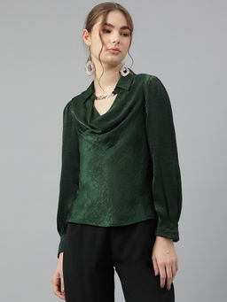 Latin Quarters - Women's Green Collar Neck Long Sleeves Solid Top