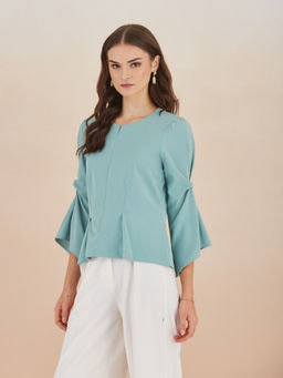 Latin Quarters - Women's Blue 3/4Th Sleeves Round Neck Solid Peplum Top
