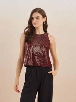 Latin Quarters - Women's Maroon Sleeveless Round Neck Sequin Top