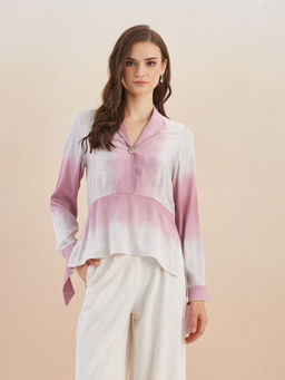 Latin Quarters - Women's Pink Full Sleeves V-Neck Tie-Dye Peplum Top