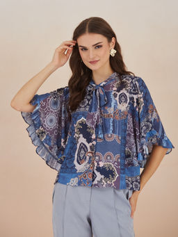 Latin Quarters - Women's Blue Flared Sleeves Tie Neck Floral Printed Top