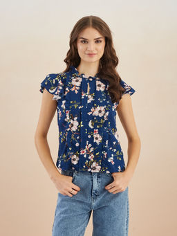 Latin Quarters - Women's Blue Ruffle Sleeves Collar Printed Top